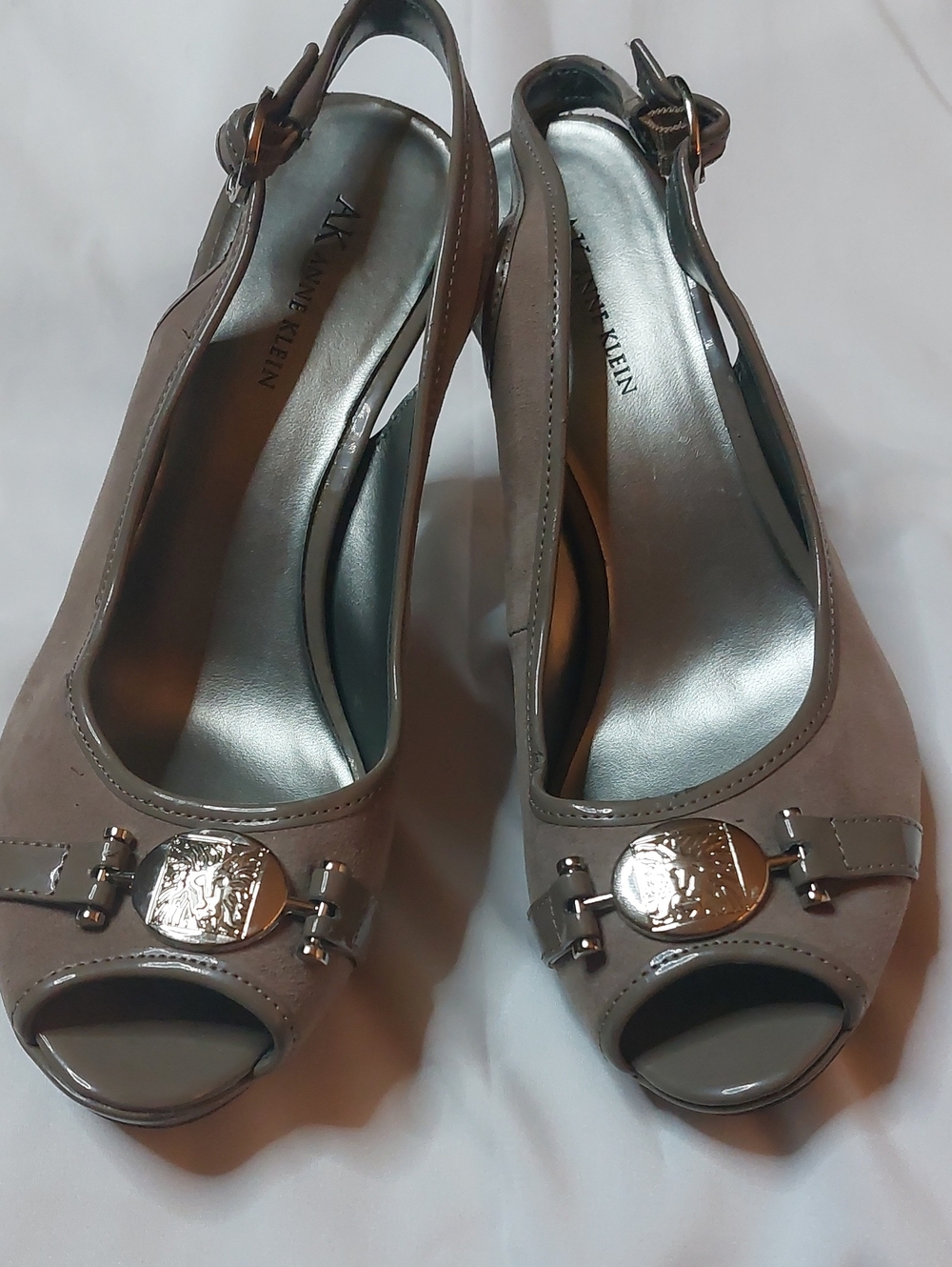 Anne Klein Taupe Open-Toe Slingback Heels with Metallic Emblem